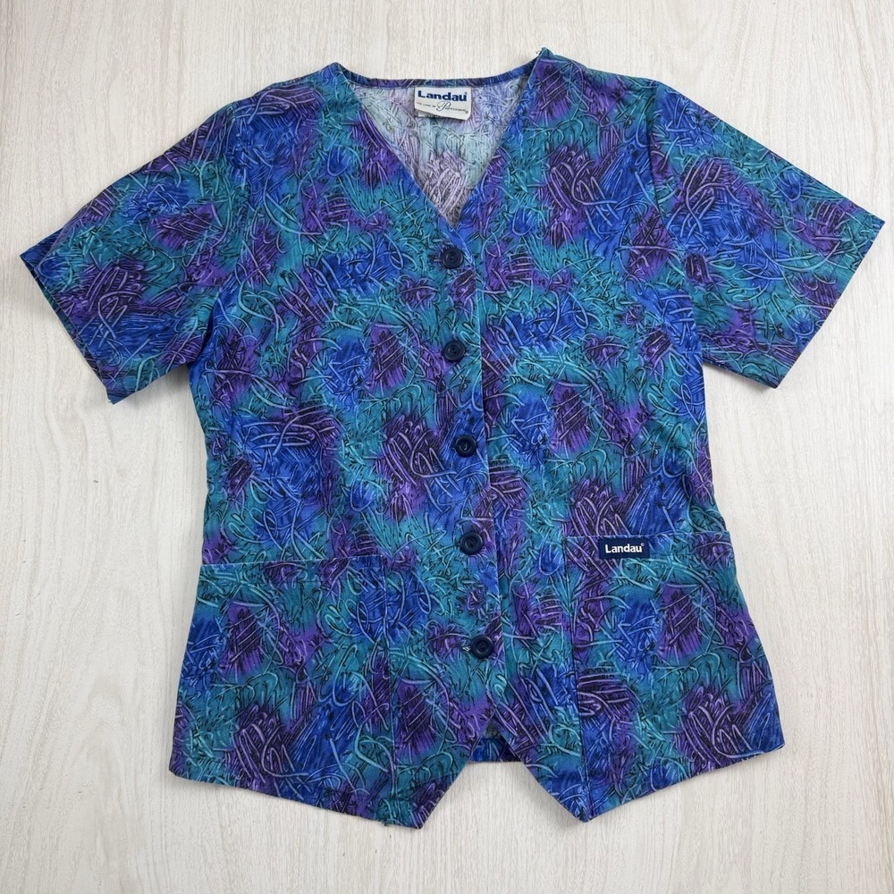 Women's Scrub Top Sm Multicolor 2-Pocket Whimsy Y2K Landau Blue Teal Geometric